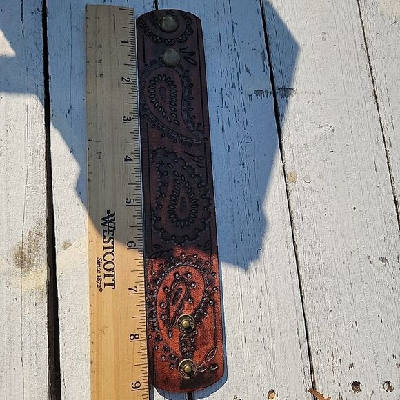 Handcrafted Navajo Choctaw 100% Brown Leather Cuff Bracelet Turquoise Painting - Picture 3 of 3